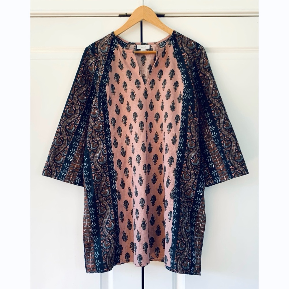 J. Jill Tunic Cotton Linen Block Print Floral Shift Split Neck 3/4 Sleeve Size M